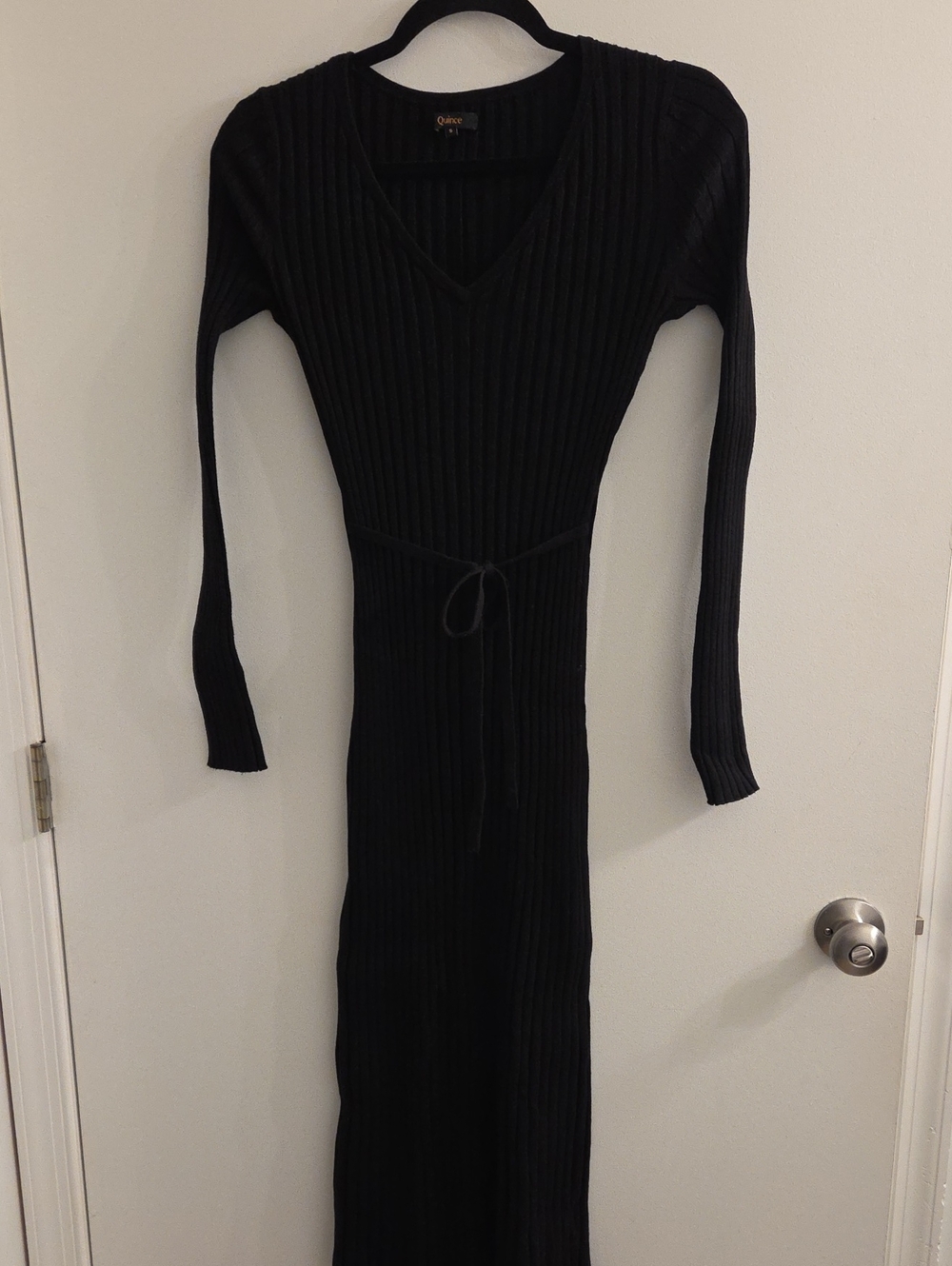 Quince Cotton Cashmere Ribbed Long-Sleeve V-neck Midi Dress In Black, Size S